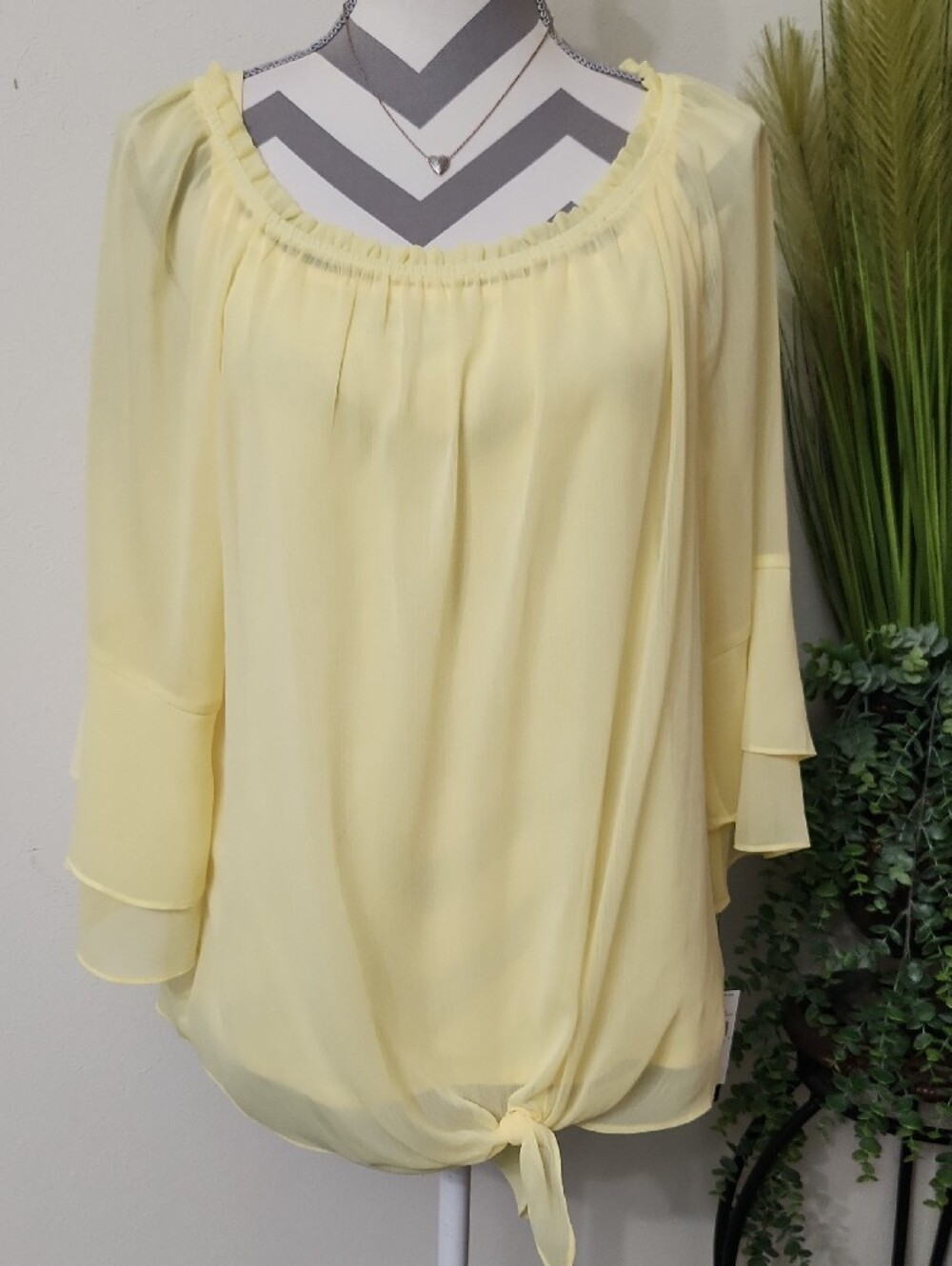 AGB Canary Yellow Sheer Tie-Front Bell Sleeve Blouse With Tank Top